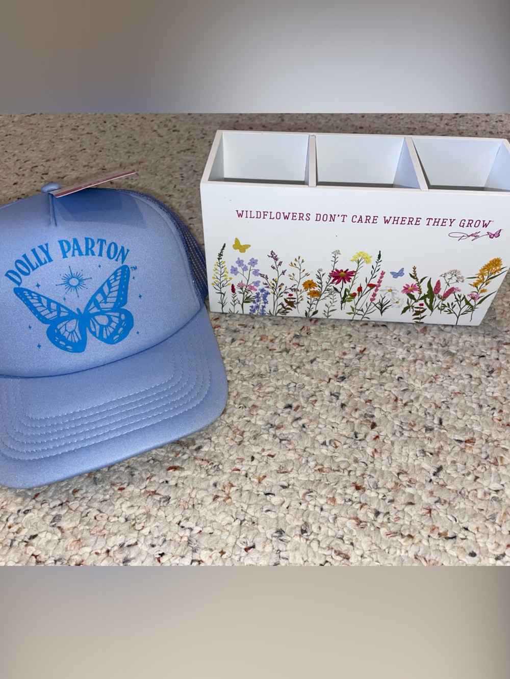 Dolly Parton Lavender Trucker Hat with Blue Butterfly Graphic & desk organizer